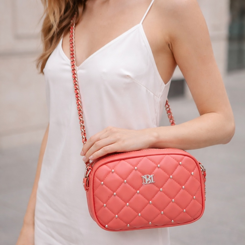 Badgley Mischka Coral Quilted Crossbody Bag with Pearl Chain Vegan Leather